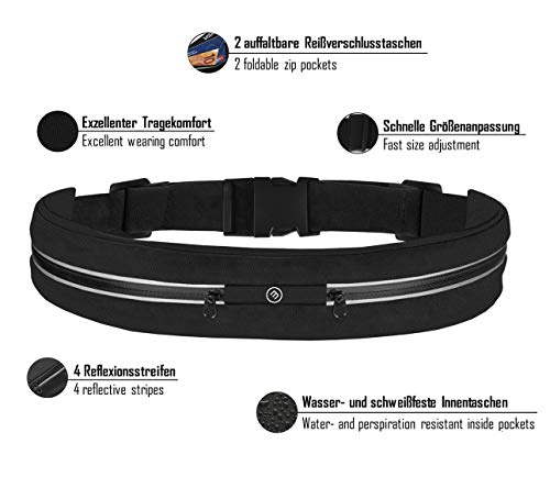 Riñonera Deportiva Running Belt | Cinturón de Fitness con Cremallera Impermeable 2 Compartimentos, teléfono, móvil, iPhone, Dinero & Llave: Unidad Funda para Correr, Deportes Gimnasio Mujer Hombre