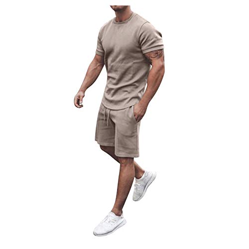 riou Hombres Camiseta Chandal Conjunto Verano Algodón Corto Manga Tee Pantalones Ropa Deportiva Sudaderas Color sólido Chándales 2 Piezas