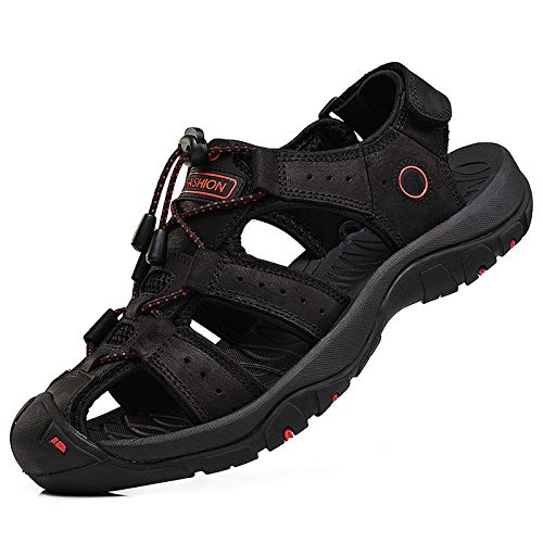 Rismart Hombre Punta Cerrado Gancho y Bucle Al Aire Libre Excursionismo Cuero Zapatos Sandalias y Chanclas SN1509(Negro,EU42)