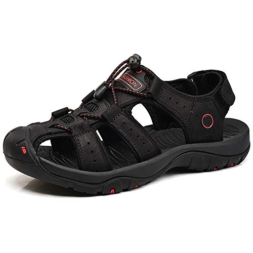 Rismart Hombre Punta Cerrado Gancho y Bucle Al Aire Libre Excursionismo Cuero Zapatos Sandalias y Chanclas SN1509(Negro,EU42)