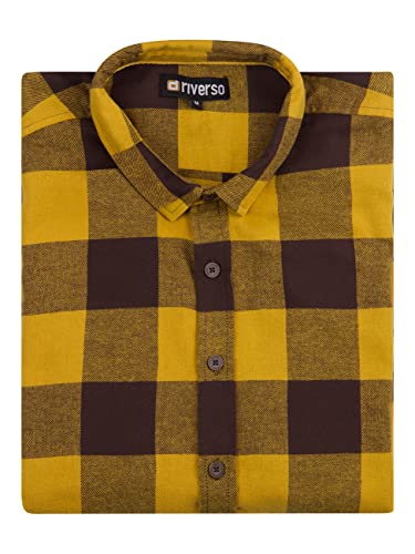 riverso RIVArne - Camisa de Manga Larga para Hombre, Corte Normal, a Cuadros, Color Gris, marrón, Amarillo, Rojo, Verde, S - 5XL, 100% algodón, Olive Yellow 10400, L