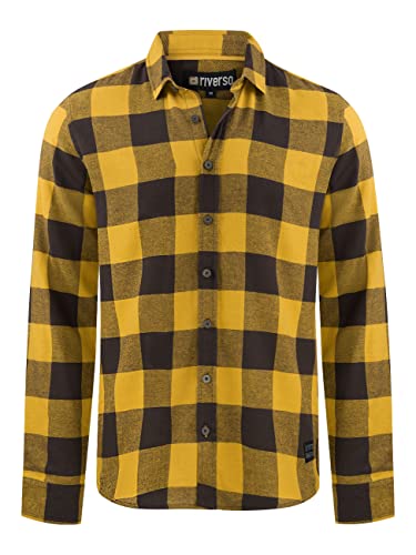 riverso RIVArne - Camisa de Manga Larga para Hombre, Corte Normal, a Cuadros, Color Gris, marrón, Amarillo, Rojo, Verde, S - 5XL, 100% algodón, Olive Yellow 10400, L