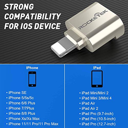 Rocketek - Lector de tarjetas TF para iPhone y iPad, adaptador de tarjetas Micro SD Lightning MS, compatible con iPhone X, 8 Plus, 8, 7 Plus, 7, 6S Plus, 6S, iPad Mini y Air