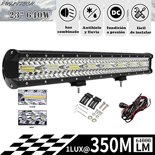 RUILITECH 23" 640W DC 12v 24v 3-Filas Barra de Luz LED Combo de Haz de Trabajo Para Tractor Off Road 4WD 4x4 Camión SUV ATV + Equipo de Cableado [Clase de eficiencia energética A+++]