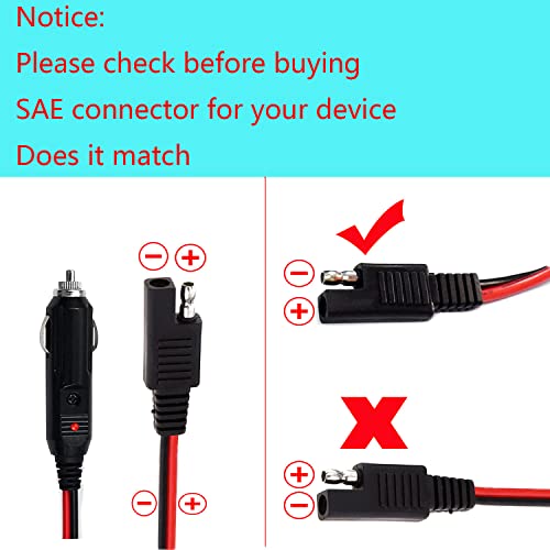 RUNCCI-YUN - Mechero Conector 12v Macho a SAE para mechero de Coche, 10 A, 16 AWG, con Cables de conexión SAE,SAE Conectores de batería con luz LED, 1,5 m