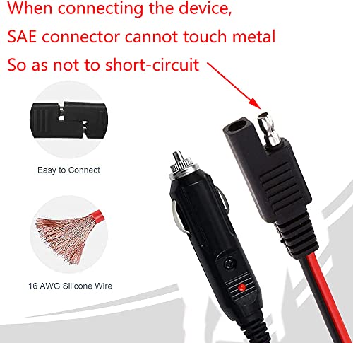 RUNCCI-YUN - Mechero Conector 12v Macho a SAE para mechero de Coche, 10 A, 16 AWG, con Cables de conexión SAE,SAE Conectores de batería con luz LED, 1,5 m