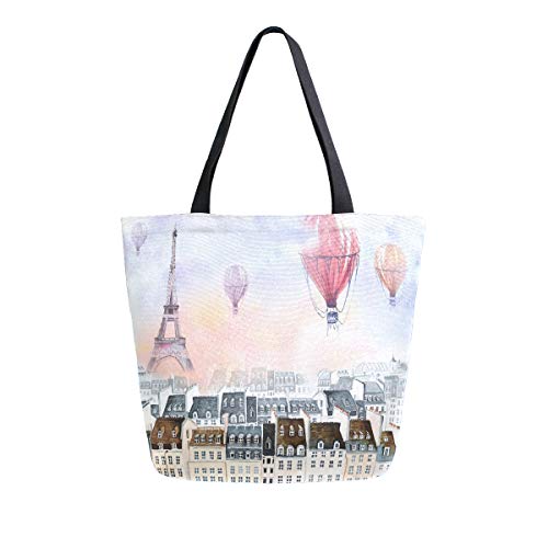 RXYY France Paris Globos Arte Pintura Lona Bolsa de mano Heavy Duty Grandes Mujeres Casual Bolso de hombro Bolso reutilizable Bolsa de compras de comestibles Bolsa de mano para viajes al aire libre