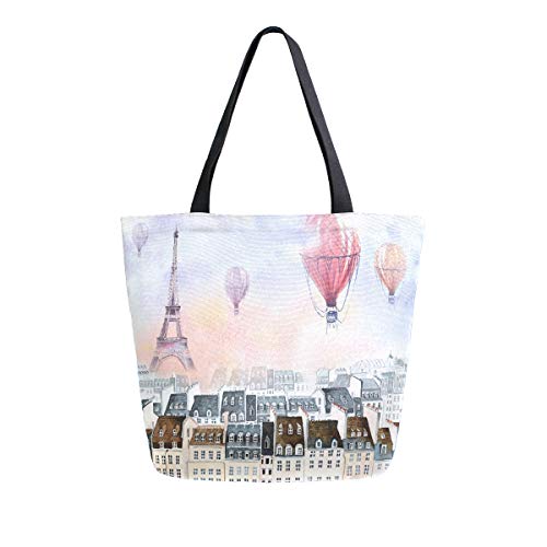 RXYY France Paris Globos Arte Pintura Lona Bolsa de mano Heavy Duty Grandes Mujeres Casual Bolso de hombro Bolso reutilizable Bolsa de compras de comestibles Bolsa de mano para viajes al aire libre