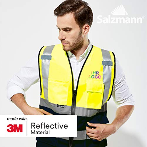 Salzmann 3M Chaleco de Seguridad Multibolsillos con Logotipo Personalizable - Chaleco de Trabajo con Estampado - Hecho con Material Reflectante 3M