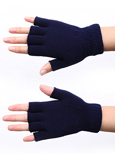 SATINIOR 2 Pares de Guantes sin Dedo Unisex Guantes de Invierno de Mitad de Dedo Guantes de Punto Elásticos con Tamaño Estándar (Azul Marino)