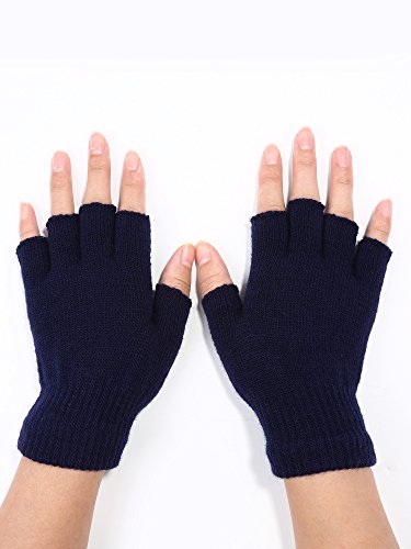 SATINIOR 2 Pares de Guantes sin Dedo Unisex Guantes de Invierno de Mitad de Dedo Guantes de Punto Elásticos con Tamaño Estándar (Azul Marino)