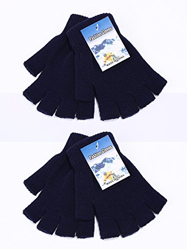 SATINIOR 2 Pares de Guantes sin Dedo Unisex Guantes de Invierno de Mitad de Dedo Guantes de Punto Elásticos con Tamaño Estándar (Azul Marino)