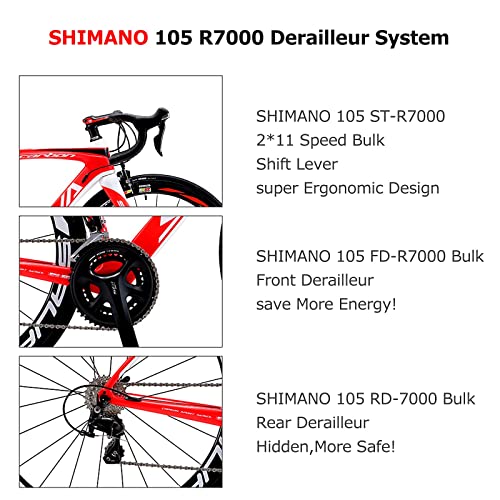 SAVADECK HERD6.0 700C Bicicleta de Carretera de Fibra de Carbono Shimano 105 R7000 22S Sistema de transmisión Michelin Neumático Fizi:k Sillín (Rojo Blanco, 52)