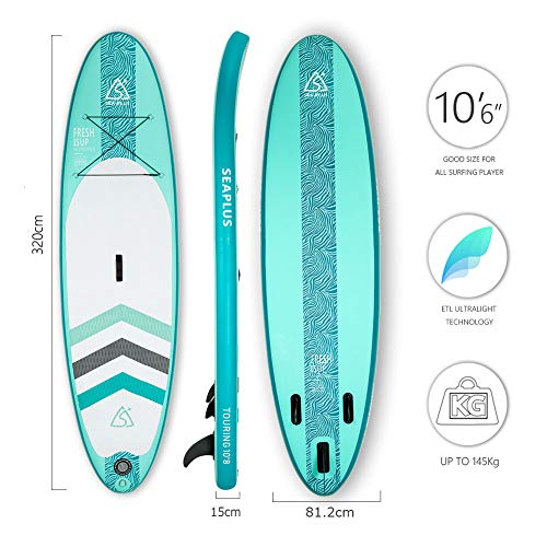 SEAPLUS Tabla de Paddle Surf Hinchable Sup Inflatable Stand up Paddle Board con Dry Bag CL-G 10’6”*32”*6” con Inflador/Remo de Aluminio/Mochila/Leash/Fin, Carga hasta 130 Kg