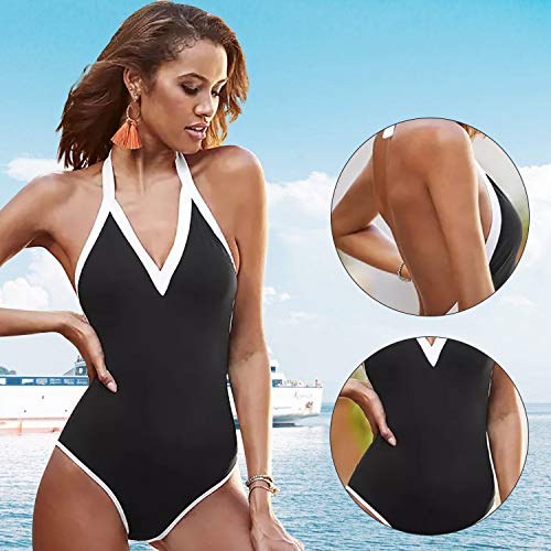 SEDEX Bañadores Mujer Trajes de Baño Una Pieza Retro Push Up Halter Slim Monokini Bañador Natacion Ropa de Baño con Relleno(Negro,L)