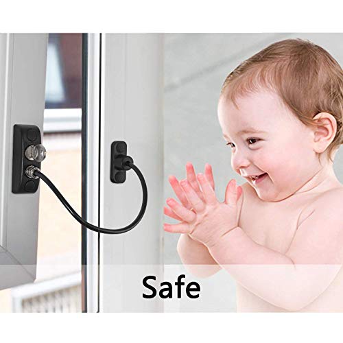 Seguridad de Ventana Restrictor Apertura de Ventana 4 Piezas Bloqueo Cerradura Seguridad de Ventanas y Puertas Seguridad Infantil Niños con Cable y Tornillos - Negro