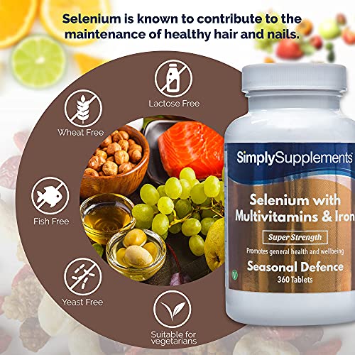Selenio 220 mcg con Vitamina C, Multivitaminas y Hierro - ¡Bote para 1 año! - 360 Comprimidos - SimplySupplements