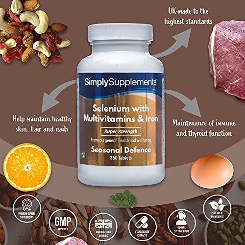 Selenio 220 mcg con Vitamina C, Multivitaminas y Hierro - ¡Bote para 1 año! - 360 Comprimidos - SimplySupplements