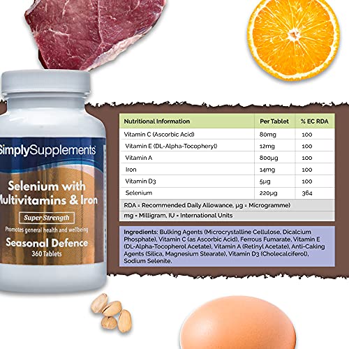 Selenio 220 mcg con Vitamina C, Multivitaminas y Hierro - ¡Bote para 1 año! - 360 Comprimidos - SimplySupplements