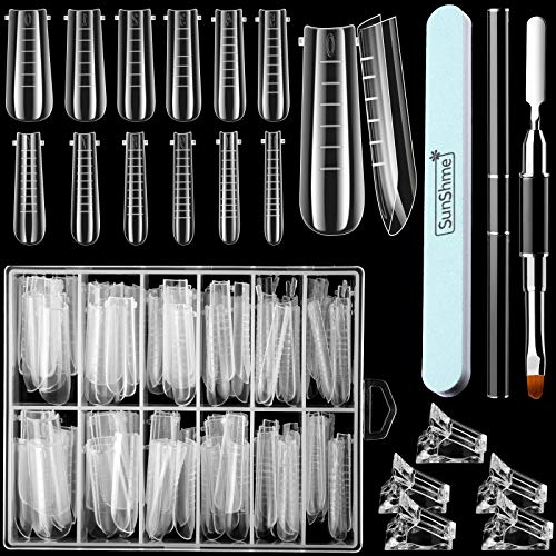 Set de 120 Formas de Uñas Duales Formas de Extensión de Molde de Uñas de Gel Formas de Uñas de Ataúd Acrílicas UV Transparente con Escala de 12 Tamaños y Clips de Uña Cepillo de Limas de Uña