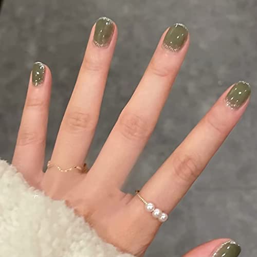 Sethexy Corto Oval Uñas postizas Verde Uñas falsas francés Brillantina Pegar en las uñas Lustroso Uñas con pegamento 24 piezas Acrílico Arte Puntas de uñas a presión para mujeres y niñas