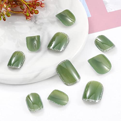 Sethexy Corto Oval Uñas postizas Verde Uñas falsas francés Brillantina Pegar en las uñas Lustroso Uñas con pegamento 24 piezas Acrílico Arte Puntas de uñas a presión para mujeres y niñas