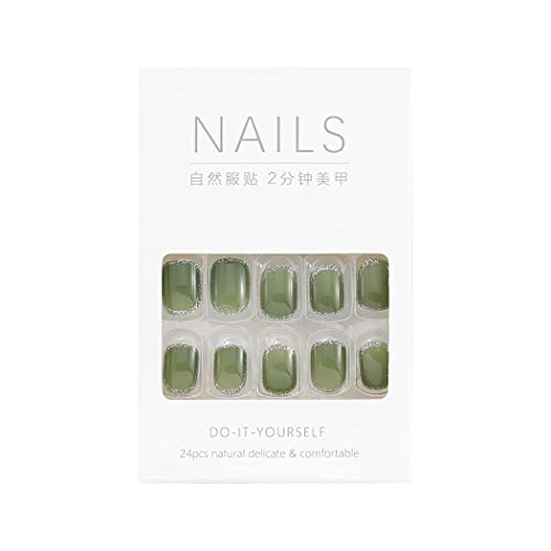 Sethexy Corto Oval Uñas postizas Verde Uñas falsas francés Brillantina Pegar en las uñas Lustroso Uñas con pegamento 24 piezas Acrílico Arte Puntas de uñas a presión para mujeres y niñas