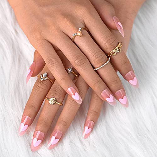 Sethexy Largo Lustroso Oval Uñas postizas Rosa Uñas postizas 24 piezas francés Amor Acrílico Arte Presione en las puntas de las uñas para mujeres y niñas