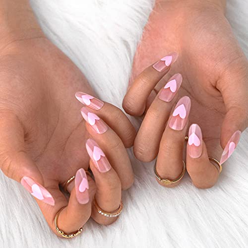 Sethexy Largo Lustroso Oval Uñas postizas Rosa Uñas postizas 24 piezas francés Amor Acrílico Arte Presione en las puntas de las uñas para mujeres y niñas