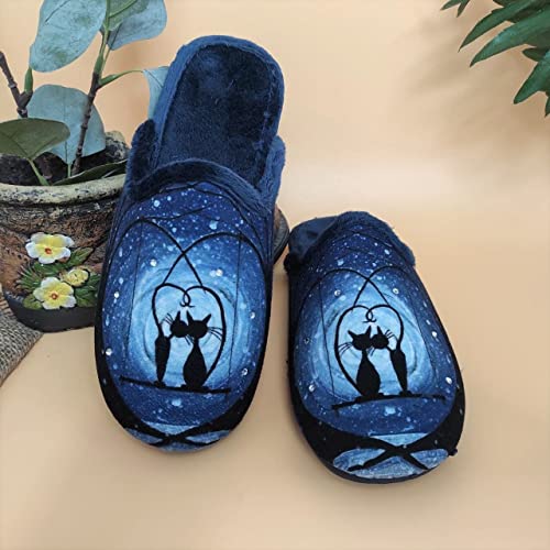 Sevillas - Zapatillas Mujer Casa Fantasía Invierno | Chinela Juvenil Dibujos Plana Abiertas y de Calidad Hechas en España - Antideslizante (Azul Gatitos, Numeric_38)