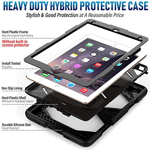 SEYMAC Funda para iPad de 9,7 Pulgadas, Funda para iPad 5th/6th Generation,Funda para iPad Air 2,Funda Protectora A Prueba de Golpes con Pata de Cabra para Funda iPad A1822/A1566/A1893(Negro/Negro)