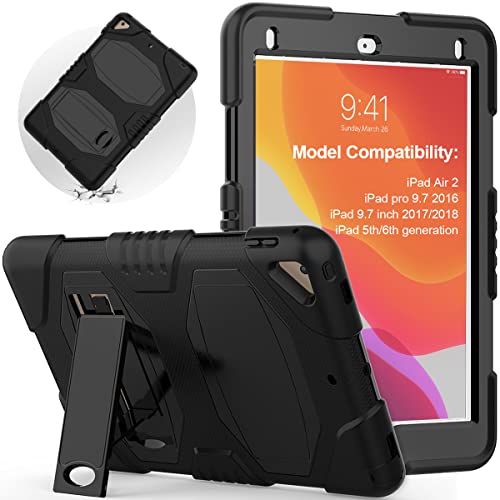 SEYMAC Funda para iPad de 9,7 Pulgadas, Funda para iPad 5th/6th Generation,Funda para iPad Air 2,Funda Protectora A Prueba de Golpes con Pata de Cabra para Funda iPad A1822/A1566/A1893(Negro/Negro)