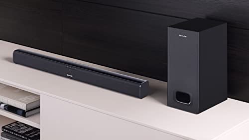 Sharp HT-SBW110 2.1 Slim - Barra de sonido cine en casa (Bluetooth, HDMI ARC/CEC, Potencia máxima total de salida: 180w, audio óptico digital, AUX, 80 cm) color negro