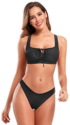 SHEKINI Bañador de Dos Piezas Mujer Pliegues Retro Drawstring Ties up Halter Correa de Hombro Ajustable Cintura Baja Triángulo Bottom Bikini de Dos Piezas Playa (L, Negro)