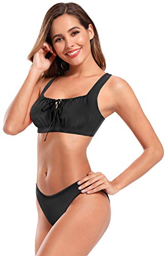 SHEKINI Bañador de Dos Piezas Mujer Pliegues Retro Drawstring Ties up Halter Correa de Hombro Ajustable Cintura Baja Triángulo Bottom Bikini de Dos Piezas Playa (L, Negro)