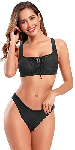 SHEKINI Bañador de Dos Piezas Mujer Pliegues Retro Drawstring Ties up Halter Correa de Hombro Ajustable Cintura Baja Triángulo Bottom Bikini de Dos Piezas Playa (L, Negro)