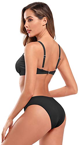 SHEKINI Bañador de Dos Piezas Mujer Pliegues Retro Drawstring Ties up Halter Correa de Hombro Ajustable Cintura Baja Triángulo Bottom Bikini de Dos Piezas Playa (L, Negro)