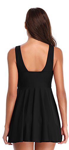 SHEKINI Mujer Bañador con Falda Traje de Baño Retro Cuello de V Acolchado Ruched Control Abdomen Halter Traje de Baño de Una Pieza Tankinni Deportivo (L, Negro-2)