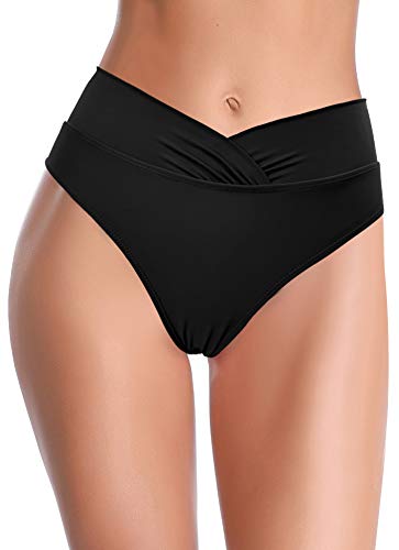 SHEKINI Traje de Baño para Mujer Abdominal Cintura Alta de Bikini Pantalones de natación Ruched Color Sólido Bañadores Retro Ropa de Playa Bikini Bragas (Negro B, Large)