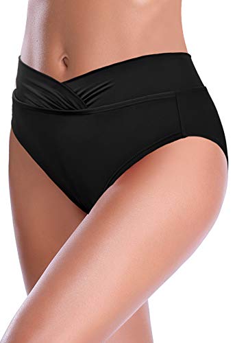 SHEKINI Traje de Baño para Mujer Abdominal Cintura Alta de Bikini Pantalones de natación Ruched Color Sólido Bañadores Retro Ropa de Playa Bikini Bragas (Negro B, Large)