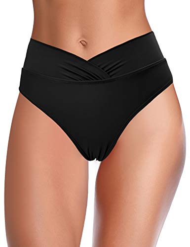 SHEKINI Traje de Baño para Mujer Abdominal Cintura Alta de Bikini Pantalones de natación Ruched Color Sólido Bañadores Retro Ropa de Playa Bikini Bragas (Negro B, Large)