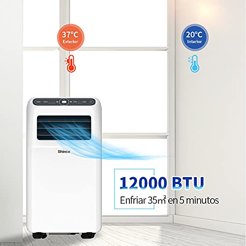 SHINCO 12000BTU Aire Acondicionado Portátil, 3.5kW, Función 3 en 1 con Tubo de Escape, Refrigeración, Deshumidificación y Ventilación, Eco R290