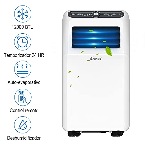 SHINCO 12000BTU Aire Acondicionado Portátil, 3.5kW, Función 3 en 1 con Tubo de Escape, Refrigeración, Deshumidificación y Ventilación, Eco R290