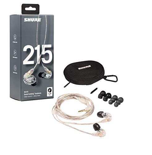SHURE SE215-CL - Auriculares Profesionales con cable sobre la oreja, aislamiento de sonido con microtransductor dinámico, sonido detallado con bajos profundos, cable Transparente de 3.5 mm