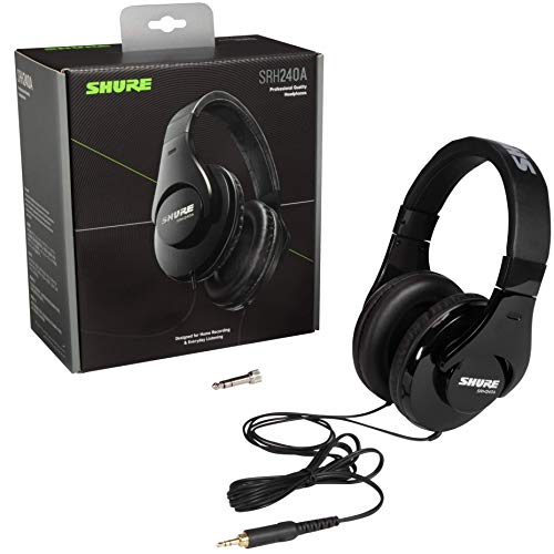 SHURE SRH240A-BK-EFS Auriculares de diseño cerrado, para estudio y aplicaciones profesionales, cable desmontable, almohadillas de terciopelo, plegables - Negro