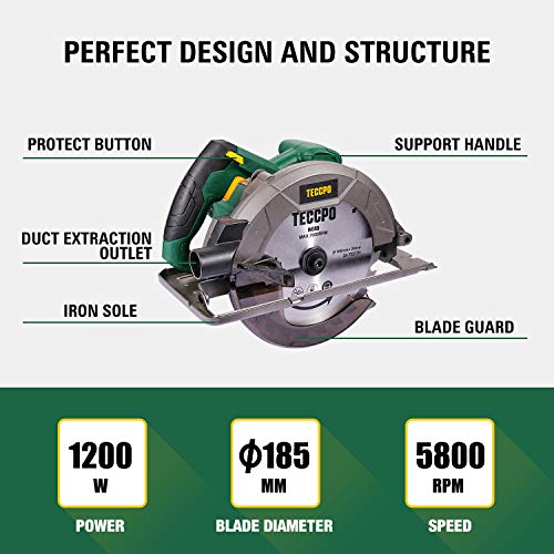 Sierra Circular, TECCPO Profesional 1200W 5800RPM Sierra Circular Eléctrica, con Hoja de 185 mm 24 Dientes, Profundidad de Corte 63 mm (90°), 45 mm (45°), Guía de Metal, Motor de Cobre Puro -TACS22P