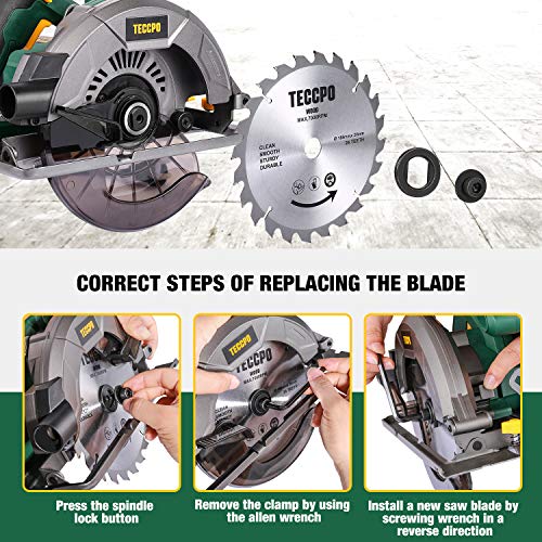 Sierra Circular, TECCPO Profesional 1200W 5800RPM Sierra Circular Eléctrica, con Hoja de 185 mm 24 Dientes, Profundidad de Corte 63 mm (90°), 45 mm (45°), Guía de Metal, Motor de Cobre Puro -TACS22P