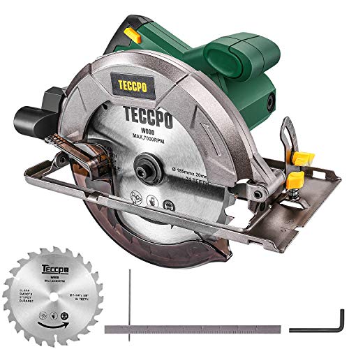 Sierra Circular, TECCPO Profesional 1200W 5800RPM Sierra Circular Eléctrica, con Hoja de 185 mm 24 Dientes, Profundidad de Corte 63 mm (90°), 45 mm (45°), Guía de Metal, Motor de Cobre Puro -TACS22P