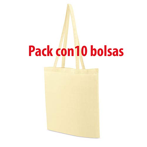 Siglo XXI Bolsa de algodón Natural con Asas largas 145 grs. Pack 10 Unidades. Tote Bag, Bolsa Compra, Saco Tela, Bolsas Manualidades, Bolsas. Regalo en Cada Pack