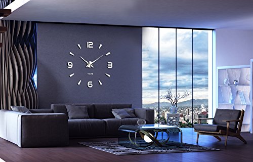 Silenciar DIY Frameless Gran Reloj De Pared Números 3D Relojes De Pared Espejo Pegatina Para Ministerio Del Interior Decoraciones (Plata-73)